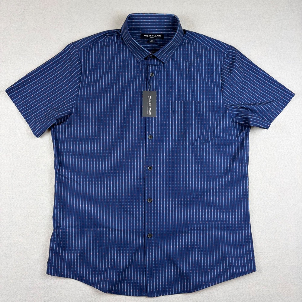Mizzen + Main Leeward Mens Large Trim Navy Blue Arrow Stripe Short Sleeve Shirt